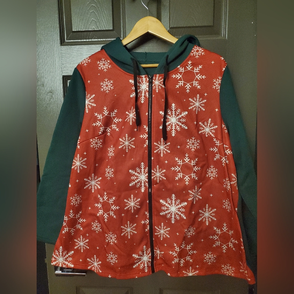 ❄️ Red and green Shein over-sized Christmas snowflake zippered hoodie size 1X ❄️